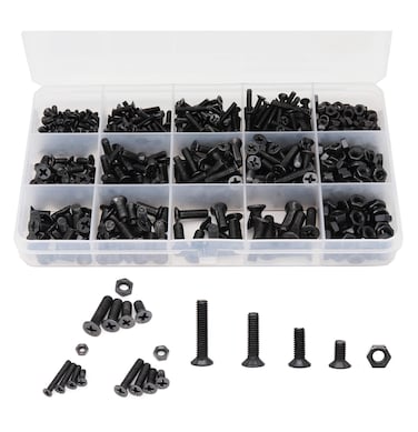 cSeao 570pcs Flat Phillips Countersunk Head M3 M4 M5 Black Screws Hex Nuts Assortment Kit Carbon Steel