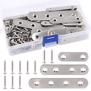 Swpeet 115Pcs 3 Sizes Stainless Steel Flat Straight Brace Brackets Metal Shelf Support Brackets Joining Plate with Screws Perfect for Mending Repair Plates Fixing Bracket Connector  50mm 80mm 100mm