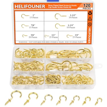 HELIFOUNER 120 Pieces 7 Sizes Cup Screw Hooks Gold Color Screwin Hooks Ceiling Hooks SelfTapping Screws Hooks Hanging Hooks Screw Hooks Kit 12 58 34 78 1 114 112