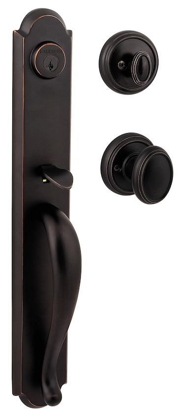 Baldwin Bighorn Single Cylinder Front Door Handleset Featuring SmartKey Security in Venetian Bronze Prestige Series with Traditional Door Hardware and Carnaby Knob  91800038