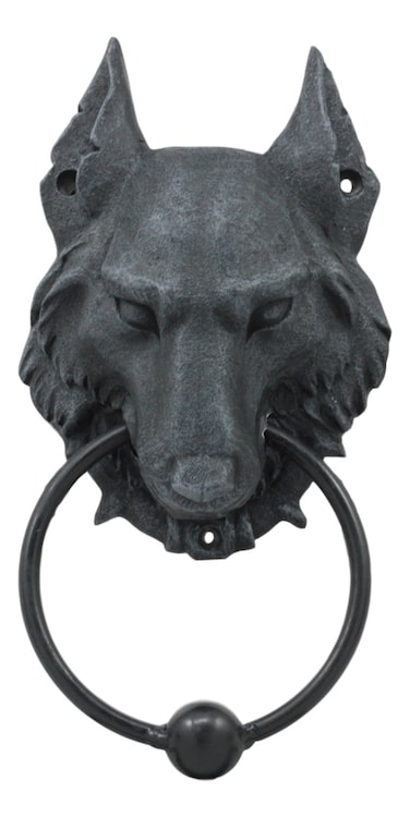 Ebros Gift Full Moon Gothic Chained Wolf Gargoyle Door Knocker Figurine 825Tall Faux Stone Finish With Metal Ball