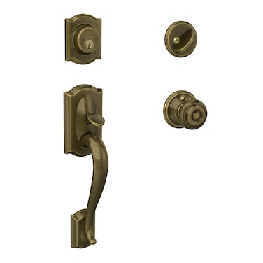 Schlage Camelot Single Cylinder Handleset and Georgian Knob Antique Brass F60 V CAM 609 GEO