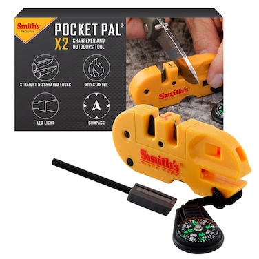 Smiths 50364 Pocket Pal X2 Sharpener  Outdoors Tool  Yellow  Coarse and Fine  LED Light  Fire Starter  Signal Whistle  Compass