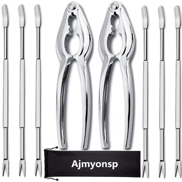 Ajmyonsp 12Pcs Crab Crackers and ToolsLobster Nut Crackers and Picks  6 Crab Leg Forks 4 Lobster Shellers 2 Stainless Steel Seafood Crackers  Storage Bag
