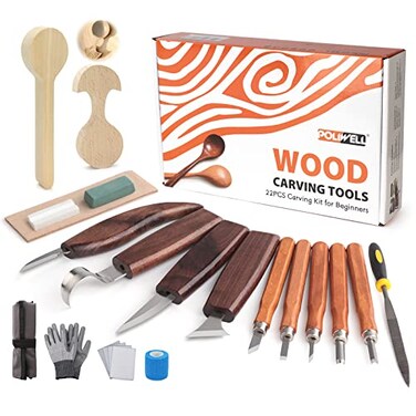 Wood Carving Kit 22PCS Wood Carving Tools Hand Carving Knife Set with AntiSlip CutResistant Gloves Needle File Wood Spoon Carving Kit for Beginners Whittling Kit for Kids Adults Woodworking DIY