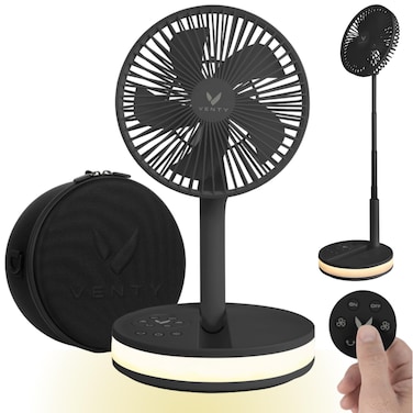 VENTY Original Portable Fan  Wireless Battery Operated Fan With 4 Speeds LED Lighting Carry Case  Remote Control  Premium Travel Rechargeable Fan  Power Bank With USB  USBC Ports Black