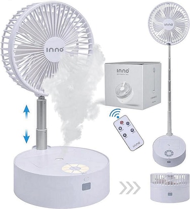 INNO Upgraded 10000 mAh Battery Portable Fan  Essential Oil Diffuser  Foldable Standing or Desk Fan with Night Light Air Diffuser Humidifier  28 Hr Run Time White