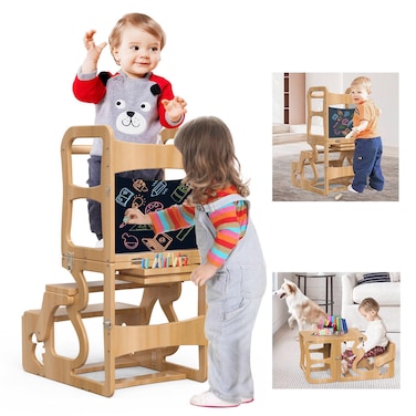 HaoZuop Toddler Tower Kitchen Stool Helper for Toddlers 13 Learning Wooden Tower with Chalkboard 4 in 1 Childrens Step Stool for Kids Free Hands Easy Assembly