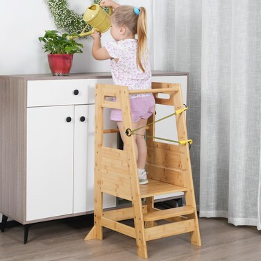 XiaZ Kids Kitchen Step Stool Bamboo Toddler Standing Tower Height Adjustable Wood Helper Tower with Safety Belt for Kids Kitchen Learning Counter Bathroom Sink