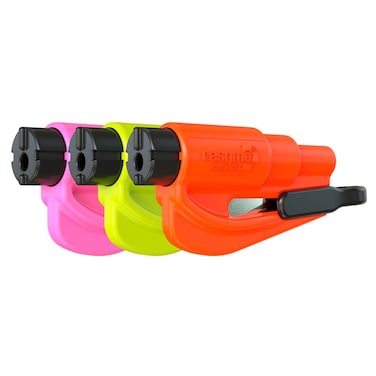 Resqme Family Pack of 3 The Original Emergency Keychain Car Escape Tool 2in1 Seatbelt Cutter and Window Breaker Made in USA Orange Safety Yellow Pink