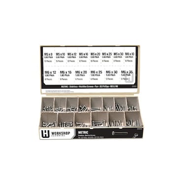 Workshop Hardware 128 Piece Fastener Assortment Kit Metric JIS Pan Phillips Machine Screw Set M5 and M6 Diameters Gray Stainless Steel
