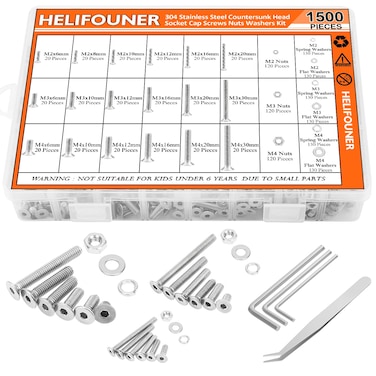 HELIFOUNER 1500 Pieces M2 M3 M4 304 Stainless Steel Countersunk Head Socket Cap Metric Screws Bolts Washers Nuts Hardware Assortment Kit with Hex Wrenches