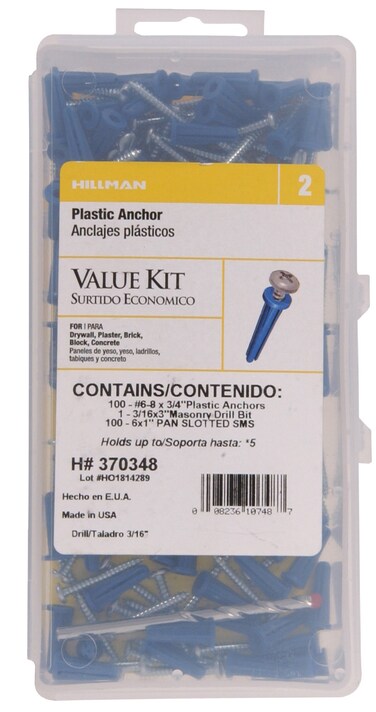 The Hillman Group 370348 Plastic Anchor Kit Number 68 Includes Philips head Screws and Drill Bit 1Pack