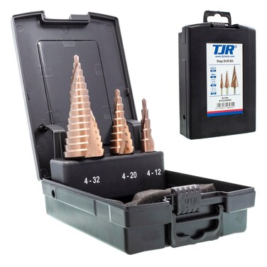TJR HSSE M35 Step Drill Bit Set 3 Pcs 2Fluted Spiral Grooved with 29 Step 432mm Sizes Total for Faster Drilling in Stainless Steel Alloy Steel NonFerrous Metals Wood Plastics