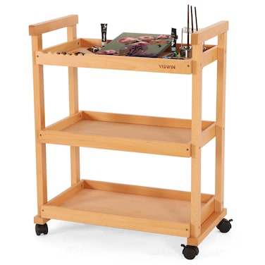VISWIN 37 H Art Cart Storage Organizer 3Tier Solid Beech Wood Rolling Utility Cart with Caster Wheels Multifunctional Art Supplies Craft Cart Organizer Trolley for Studio Classroom Kitchen