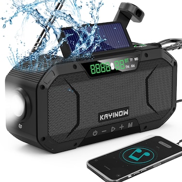 Portable Emergency Weather Radio with Waterproof Bluetooth Speaker AMFMNOAA Hand Crank Solar Rechargeable Radio with Flashlight Reading Light 5000mAh Cell Phone Charger SOS Alarm Survival Gear