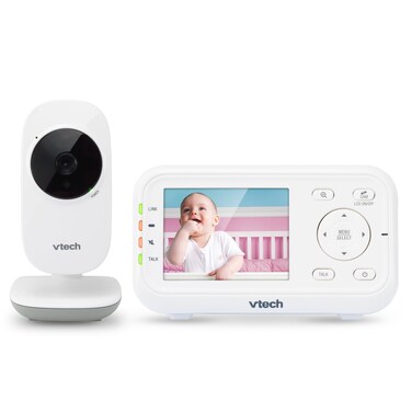 VTech Video Baby Monitor with 1000ft Long Range Auto Night Vision 28 Screen 2Way Audio Talk Temperature Sensor Power Saving Mode Lullabies and Wallmountable Camera with bracket White