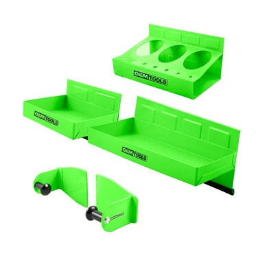 OEMTOOLS 24647 4 Piece Magnetic Tool Tray Set Green Magnetic Tool Box Shelf Set Magnetic Shop Tray Kit Toolbox Trays and Paper Towel Holder