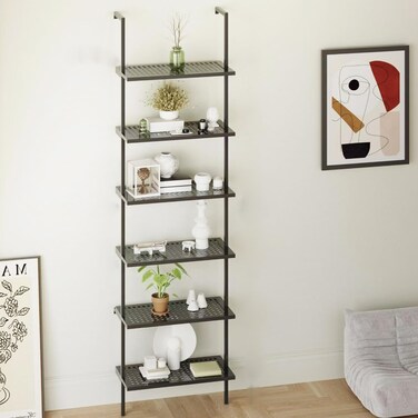 Dosker Bookshelf 6Tier Industrial Ladder ShelfBlack Metal Shelves Wall Mounted Bookshelf Open Storage Rack Display Shelf Plant Stand for Living Room Kitchen Home Office Bedroom