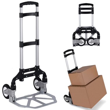 AWH Folding Hand Truck Portable Folding Hand Cart Aluminum Dolly Cart Push Truck Trolley Black Maximum Load 175 lbs with Black Bungee Cord Telescoping Handle Rubber Wheels with Double Bearings