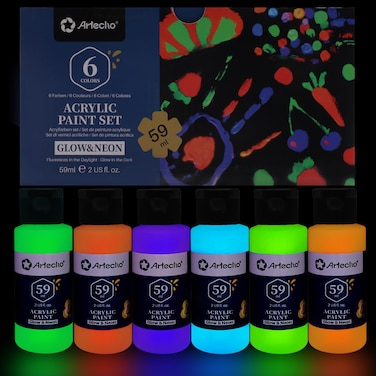 Artecho Glow in the Dark Paint  Set of 6 Colors 59ml  2oz Acrylic Paint for Halloween Decoration Art Painting Outdoor and Indoor Art Craft for Canvas Rock Wood Supplies for Adults Students