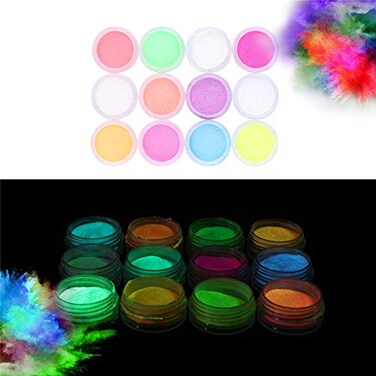 Glow in the Dark Powder Pack of 12 Luminous Pigment Powder Fluorescent UV Neon Color Changing luminescent Phosphorescent Thermochromic Dye Dust Glo for Slime Nails Resin Acrylic Paint Ink NonToxic