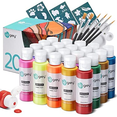 UPGREY Fabric Paint For Clothes 20 Colors 2oz Soft Permanent Textile Paint with 6 Brushes 1 Palette Washable Fabric Paint Set Art Supplies for Clothes Canvas Tshirt Jeans Shoes Bags DIY