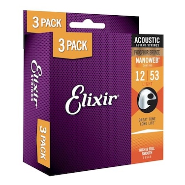 Elixir Strings 16545 Acoustic Phosphor Bronze Guitar with NANOWEB Coating 3 Pack Light 012053