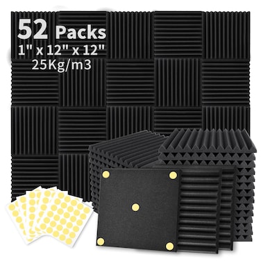 Focusound 52 Pack Acoustic Foam Panels 1 x 12 x 12 Sound Proof Foam Panles Soundproofing Noise Cancelling Wedge Panels for Home Office Recoding Studio with 270PCS DoubleSide Adhesive
