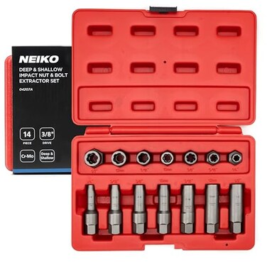 NEIKO 04207A Impact Nut  Bolt Extractor Set 14 Piece Lug Nut Removal Tool 38 Drive Deep and Shallow Stripped Bolt Extractor Socket Set Rounded Bolt Removal tool Nut Remover Socket Set CRMo