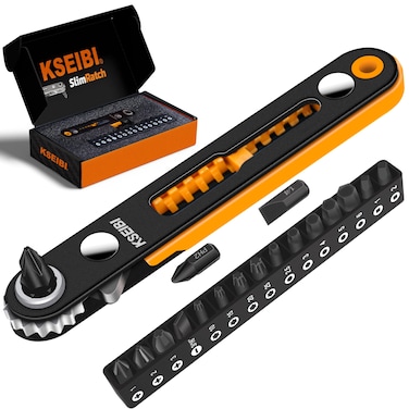 KSEIBI 18 Pcs 14 Drive Mini Ratchet Wrench Set Right Angle Screwdriver Bits with Storage Box 18PCs Slim Ratchet