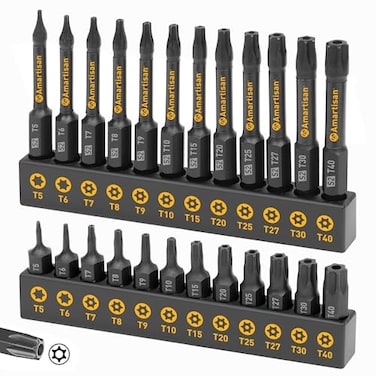 Amartisan Torx Bit Set 24Piece Security and Tamper Resistant Star Bits Set S2 Steel 1 and 23 Long T5  T40