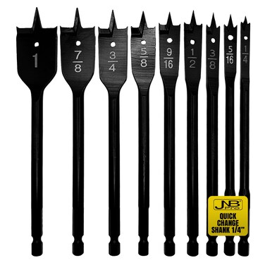 JNB Pro Spade Drill Bit Set  Sizes 14 516 38 12 916 58 34 78 and 1 Inch Spade Drill Bit  Quick Change Hex  Paddle Bits Drill Set Tool Kit Woodworking Tools  9 Pieces Pack