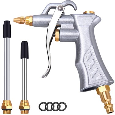 JASTIND Industrial Air Blow Gun with Brass Adjustable Air Flow Nozzle and 2 Steel Air flow Extension Pneumatic Air Compressor Accessory Tool Dust Cleaning Air Blower Gun