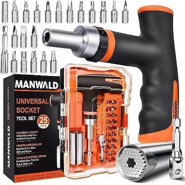 MANWALD Gifts for Men Super Universal Socket Tool Set Ratchet Screwdriver Set with T Handle Adjustable Grip Socket Adapter Set for Mechanic Electrician Handyman Orange