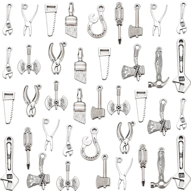 MseaRust 100g Mixed 3D Tool Charms DIY Arm Saw Wrench Screwdriver Axe Hammer Hatchet Shovel Chopper Hacksaw Vise Pincer Pliers Charms For Jewellery Making Necklace Bracelet Zinc No Gemstone