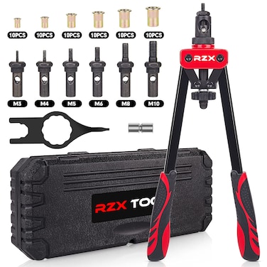 RZX 14 Rivet Nut Tool Hand Riveter Gun Blind Rivet nut Insert rivnut Rivet Setter Kit with M3 M4 M5 M6 M8 M10 Metric 6 Mandrels and 60pcs Rivnuts LaborSaving Design with Rugged Carrying Case