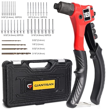 G GIANTISAN Rivet Gun Pop Rivet Tool Kit with 200 Rivets and 4 Drill Bits Manual Hand Riveter Kit with Rugged Carrying Case
