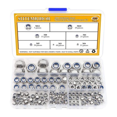 Sutemribor 304 Stainless Steel Lock Nut Assortment 180 Pcs M3 M4 M5 M6 M8 M10 M12 Nylon Insert Locknut