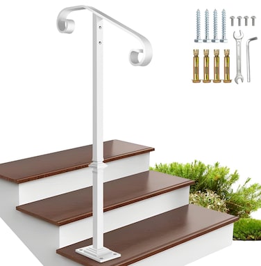 Zwinz Handrail Railing Single Post Handrail Fits 1 or 2 Steps Sturdy Outdoor Stair Railing for ConcreteWooden Steps with Base Wrought Iron Stair Handrails Grab Rail for Steps Porch White