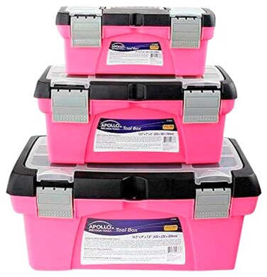 Apollo Tools Set of 3 Pink Stackable Tool Boxes with Top Compartment and Removable Trays for Crafts Tool Storage  Pink Ribbon  DT5005P