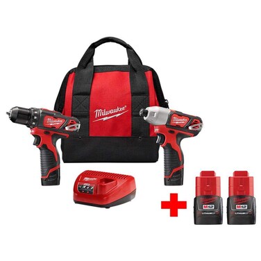 Milwaukee M12 12Volt LithiumIon Cordless Drill DriverImpact Driver Combo Kit 2Tool with Free M12 15Ah Battery 2Pack