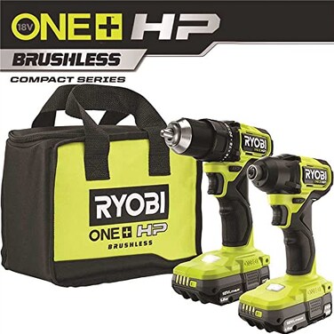 Ryobi ONE HP 18V Brushless Cordless Compact 12 in Drill and Impact Driver Kit with 2 15 Ah Batteries Charger and Bag