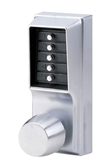 Simplex  103126D Kaba 1000 Series Combination Entry Cylindrical Mechanical Pushbutton Lock with Knob Passage Cylindrical 13mm Throw Latch Floating Face Plate 70mm Backset Satin Chrome Finish