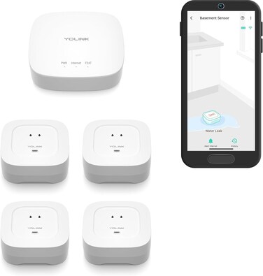 YoLink Smart Home Starter Kit Water Sensor 4Pack  Hub Kit  Sensor Compatible with Alexa and IFTTT 14 Mile Range Instant Remote App TextLimited and Email Alert