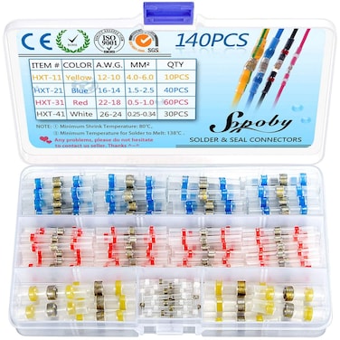 Sopoby 140 PCS Solder Seal Wire Connectors  Heat Shrink Solder Connectors  Electrical Solder Butt Connectors  Insulated Waterproof Solder Connector Terminal Kit Marine Automotive Home Wiring