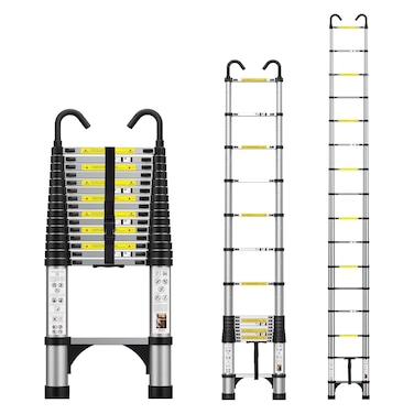Dajianglx 85FT Telescoping Ladder Aluminum Extension Ladder with Hooks  2 Triangle Stabilizers 330lbs Capacity Telescopic Ladder NonSlip Feet Collapsible Ladder for Home Outdoor Work Silvery