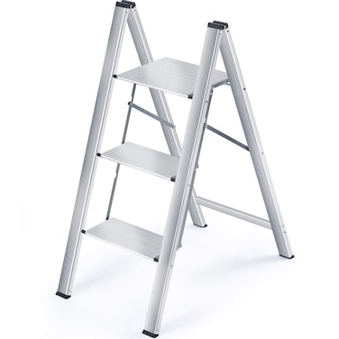 KINGRACK Folding Ladder House Ladder Aluminium Ladder 3 Steps Load Capacity up to 200 kg Aluminium