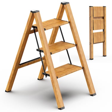 SOLADDER 3 Step Ladder AntiSlip Foldable Step Stool Aluminum Lightweight with Wide Pedal for Home and Kitchen Space Saving  Woodgrain 330 lbs