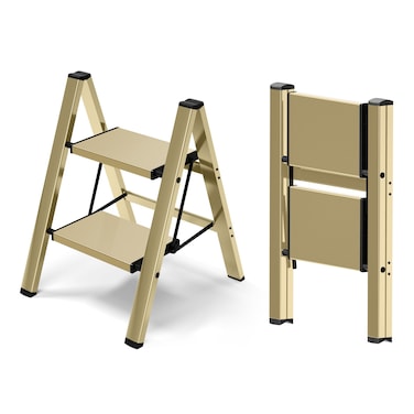 Mayi Plus 2 Step LadderAluminum Folding Step Stool for AdultsStep Ladder with Wide AntiSlip Pedal330 lbs Capacity for HomeOfficeKitchenLibraryGold